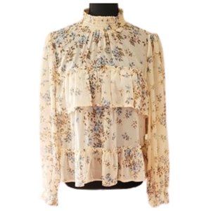 Peach & Chambray Blue Flowered Boho Peasant Blouse